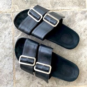 Dion Lee Black Leather Buckle Slides, Size 38